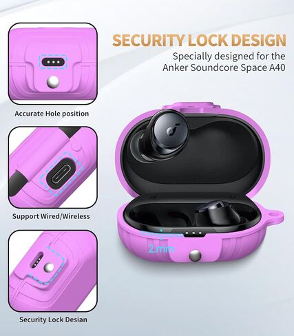 for Anker Soundcore Space A40 Secure Lock Case Cover, Silicone Protective Scratch Shock Cover ONLY Compatible with Anker Soundcore Space A40 Earbuds Charging Case with Carabiner(Purple) in Kuwait