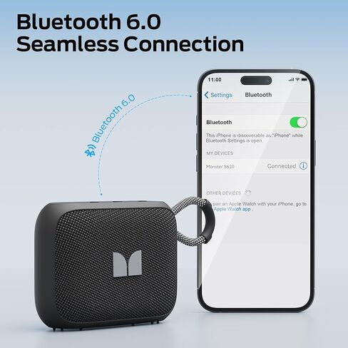 مكبر صوت محمول Monster S520، مكبرات صوت مقاومة للماء IPX7 بلوتوث لاسلكية، مكبر صوت صغير بلوتوث 6.0، عمر بطارية 12 ساعة، زوج TWS للاستخدام في الهواء الطلق/الشاطئ/المنزل/السفر، أسود in Kuwait