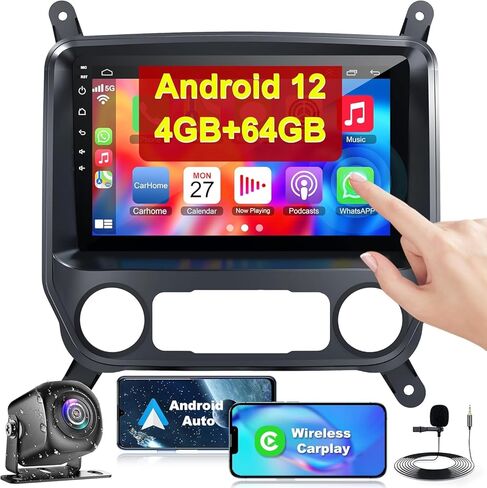 ستيريو راديو السيارة 4G+64G لسيارة شيفروليه سيلفرادو وجي إم سي سييرا 2014-2018، Carplay اللاسلكي وAndroid Auto مع دعم Android 12 بلوتوث/التحكم الصوتي/GPS/WiFi/كاميرا احتياطية/SWC/FM، راديو سيارة 10.2 بوصة in Kuwait