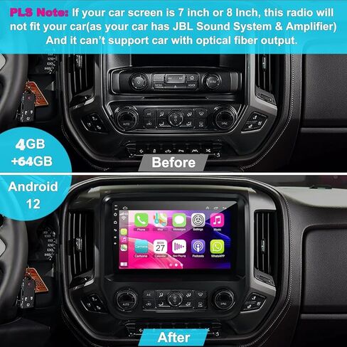ستيريو راديو السيارة 4G+64G لسيارة شيفروليه سيلفرادو وجي إم سي سييرا 2014-2018، Carplay اللاسلكي وAndroid Auto مع دعم Android 12 بلوتوث/التحكم الصوتي/GPS/WiFi/كاميرا احتياطية/SWC/FM، راديو سيارة 10.2 بوصة in Kuwait
