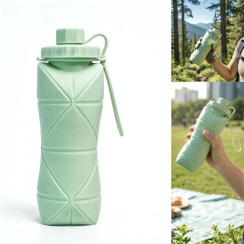 Collapsible Silicone Water Bottle Foldable Travel Cup, Food Grade, Green, Space-Saving Design, 500ml Capacity in Kuwait