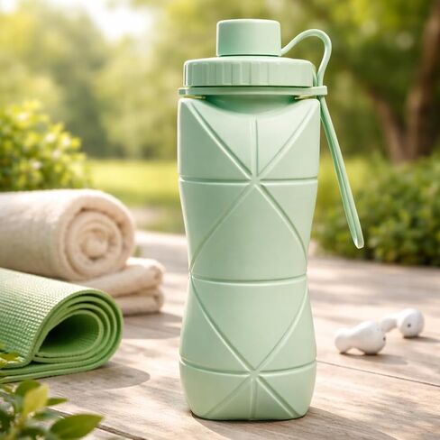 Collapsible Silicone Water Bottle Foldable Travel Cup, Food Grade, Green, Space-Saving Design, 500ml Capacity in Kuwait