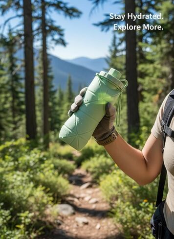 Collapsible Silicone Water Bottle Foldable Travel Cup, Food Grade, Green, Space-Saving Design, 500ml Capacity in Kuwait