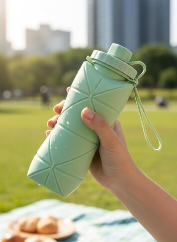 Collapsible Silicone Water Bottle Foldable Travel Cup, Food Grade, Green, Space-Saving Design, 500ml Capacity in Kuwait