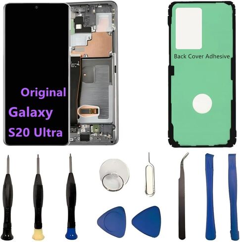 شاشة AMOLED أصلية مقاس 6.9 بوصة لهاتف Samsung Galaxy S20 Ultra استبدال الشاشة OEM S20Ultra 5G SM-G988U SM-G988U1 مجموعة محول رقمي لشاشة تعمل باللمس (مع إطار أسود + غطاء خلفي لاصق + أدوات) in Kuwait