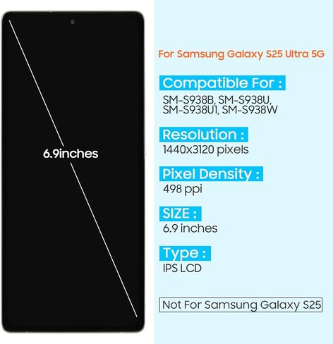 بديل شاشة OLED لهاتف Samsung Galaxy S25 Ultra 5G لشاشة Samsung S25 Ultra 5G LCD SM-S938U SM-S938U1 SM-S938B مجموعة زجاجية رقمية تعمل باللمس (فضي مع إطار، إصدار الولايات المتحدة) in Kuwait