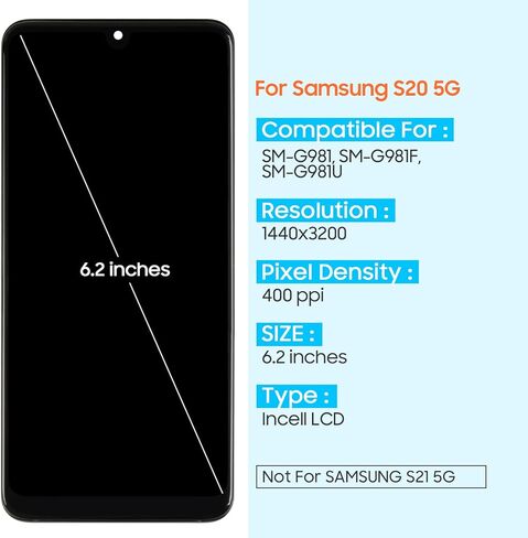 INCELL لهاتف Samsung Galaxy S20 5G استبدال الشاشة لجهاز Galaxy S20 5G شاشة LCD تعمل باللمس محول رقمي SM-G981F SM-G981U (أسود مع إطار، لا توجد وظيفة بصمة الإصبع) (ليس لـ 4G وSM-G981N) in Kuwait