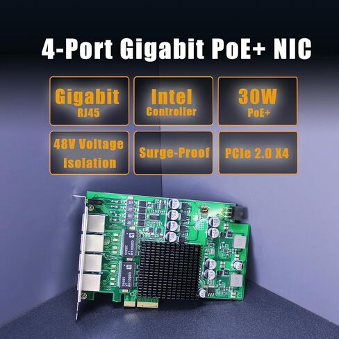 GLOTRENDS ST7458 4-Port Gigabit PoE+ Network Card with Surge-Proof Design for Outdoor Installation, Ethernet RJ45 LAN Port, PCIE 2.0 X4 Interface in Kuwait