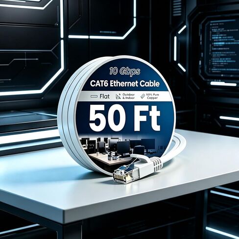 Cat 6 Ethernet Cable 50 Ft High Speed 10Gbps Flat Internet Network Patch Cord Pure Copper Wire with Snagless RJ45 Connector for Modem Router Gaming PC Laptop White in Kuwait