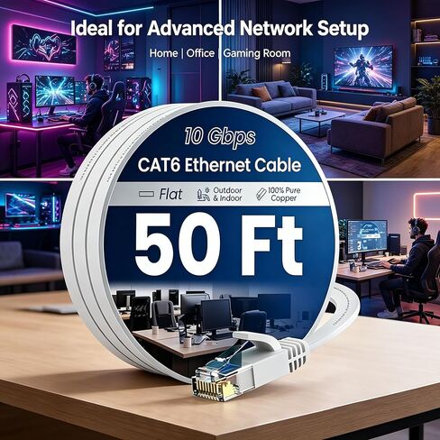 Cat 6 Ethernet Cable 50 Ft High Speed 10Gbps Flat Internet Network Patch Cord Pure Copper Wire with Snagless RJ45 Connector for Modem Router Gaming PC Laptop White in Kuwait