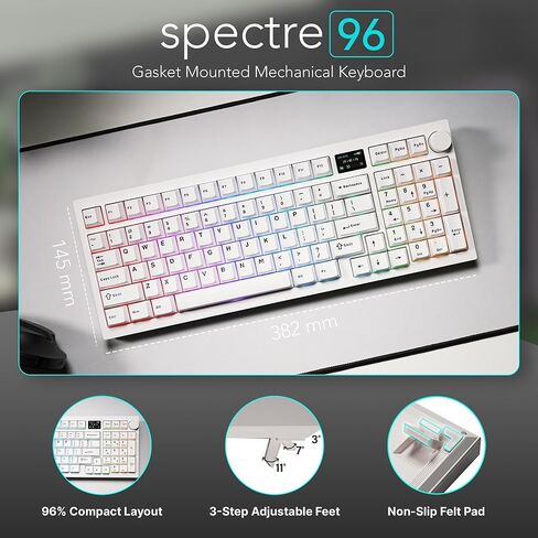 لوحة مفاتيح ميكانيكية للألعاب من TECWARE Spectre 96% RGB | شاشة LCD قابلة للتخصيص | ثلاثي الوضع اللاسلكي مع المقبض | طوقا جبل | مقابس ساوث فيس ذات 5 سنون قابلة للتبديل السريع | الأبيض كاندي الأحمر الخطي التبديل in Kuwait
