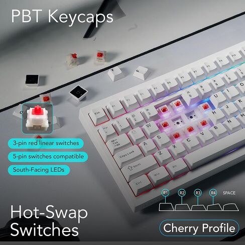 لوحة مفاتيح ميكانيكية للألعاب من TECWARE Spectre 96% RGB | شاشة LCD قابلة للتخصيص | ثلاثي الوضع اللاسلكي مع المقبض | طوقا جبل | مقابس ساوث فيس ذات 5 سنون قابلة للتبديل السريع | الأبيض كاندي الأحمر الخطي التبديل in Kuwait
