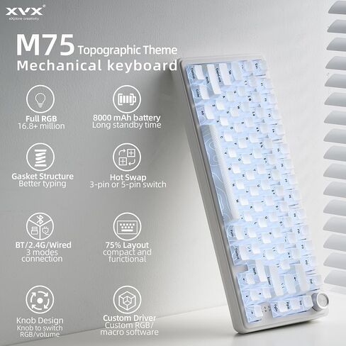 xVX M75 لوحة مفاتيح ميكانيكية لاسلكية للألعاب، تخطيط 75% مع مقبض وأغطية مفاتيح طبوغرافية IMD، BT5.0/2.4 جيجا هرتز/USB-C، مفاتيح كريمية قابلة للتبديل السريع، هيكل الحشية، لوحة مفاتيح بإضاءة خلفية RGB لنظام Win/Mac، أبيض in Kuwait