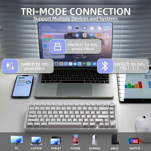 xVX M75 لوحة مفاتيح ميكانيكية لاسلكية للألعاب، تخطيط 75% مع مقبض وأغطية مفاتيح طبوغرافية IMD، BT5.0/2.4 جيجا هرتز/USB-C، مفاتيح كريمية قابلة للتبديل السريع، هيكل الحشية، لوحة مفاتيح بإضاءة خلفية RGB لنظام Win/Mac، أبيض in Kuwait