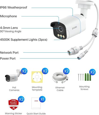 كاميرا ZOSI C186 5MP 3K PoE IP الأمنية، 2 × كاميرا خارجية إضافية مع رؤية ليلية ملونة حقيقية من Aurora Lux، اكتشاف الشخص/المركبة بالذكاء الاصطناعي، إنذار الضوء وصفارات الإنذار، محادثة ثنائية الاتجاه، فقط مع ZOSI POE NVR in Kuwait