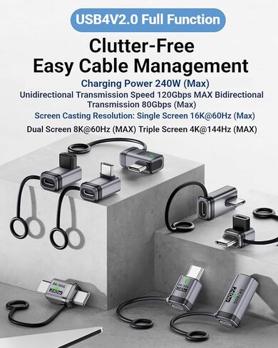 USB4.0 V2.0 Adapter Cable, 240W USB Type-C Female to Type-C Male with LED, 120Gbps Max Transfer, 16K@60Hz Single Display USB C Coupler Silver 2 Pack in Kuwait