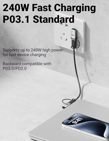 USB4.0 V2.0 Adapter Cable, 240W USB Type-C Female to Type-C Male with LED, 120Gbps Max Transfer, 16K@60Hz Single Display USB C Coupler Silver 2 Pack in Kuwait