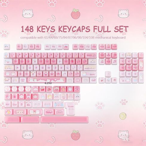 Ceramic Jade Cat Keycaps, 142 Keys Translucent Pink Meow Meow Cute Keycaps Mao Profile Custom Keycap with Keycap Storage Box for Cherry Gateron MX Swithes Mechanical Keyboards in Kuwait