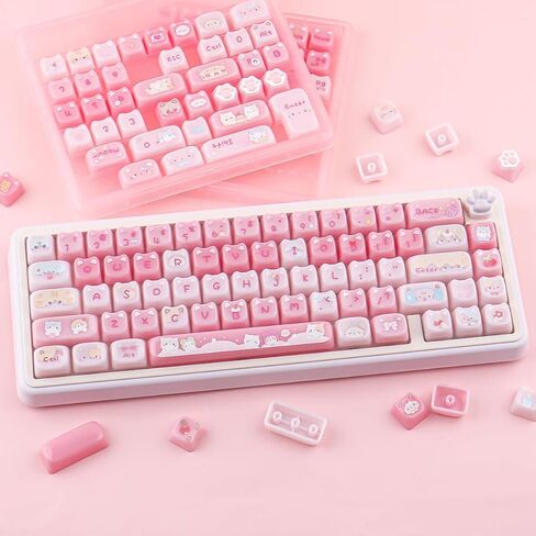 Ceramic Jade Cat Keycaps, 142 Keys Translucent Pink Meow Meow Cute Keycaps Mao Profile Custom Keycap with Keycap Storage Box for Cherry Gateron MX Swithes Mechanical Keyboards in Kuwait