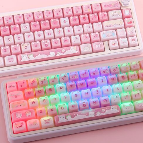 Ceramic Jade Cat Keycaps, 142 Keys Translucent Pink Meow Meow Cute Keycaps Mao Profile Custom Keycap with Keycap Storage Box for Cherry Gateron MX Swithes Mechanical Keyboards in Kuwait
