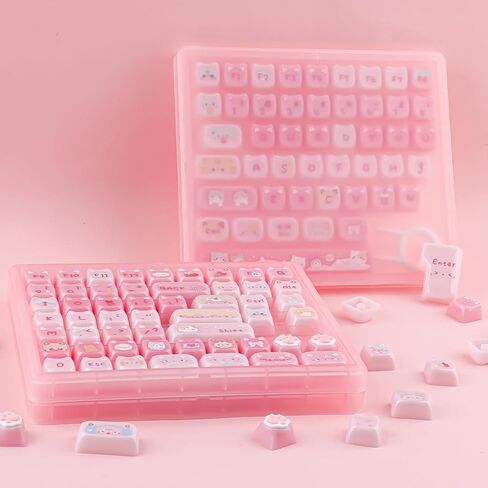 Ceramic Jade Cat Keycaps, 142 Keys Translucent Pink Meow Meow Cute Keycaps Mao Profile Custom Keycap with Keycap Storage Box for Cherry Gateron MX Swithes Mechanical Keyboards in Kuwait