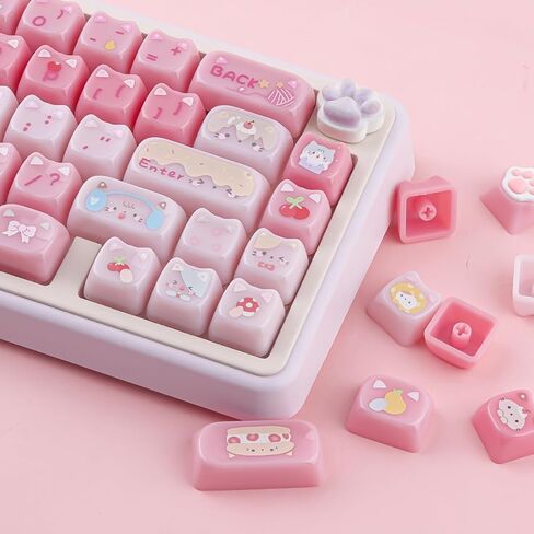 Ceramic Jade Cat Keycaps, 142 Keys Translucent Pink Meow Meow Cute Keycaps Mao Profile Custom Keycap with Keycap Storage Box for Cherry Gateron MX Swithes Mechanical Keyboards in Kuwait