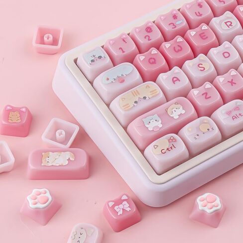 Ceramic Jade Cat Keycaps, 142 Keys Translucent Pink Meow Meow Cute Keycaps Mao Profile Custom Keycap with Keycap Storage Box for Cherry Gateron MX Swithes Mechanical Keyboards in Kuwait