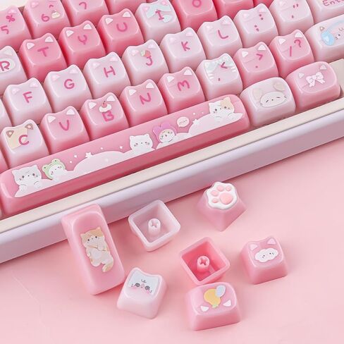 Ceramic Jade Cat Keycaps, 142 Keys Translucent Pink Meow Meow Cute Keycaps Mao Profile Custom Keycap with Keycap Storage Box for Cherry Gateron MX Swithes Mechanical Keyboards in Kuwait