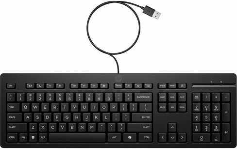 لوحة مفاتيح سلكية HP 125 - توصيل الكابل - واجهة USB من النوع A - مفتاح (مفاتيح) التشغيل السريع لمساعد الطيار - Windows 11، Windows 10 - الكمبيوتر الشخصي - البلاستيك المعاد تدويره - مفتاح المكبس - أسود in Kuwait