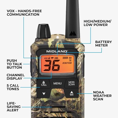ميدلاند - T295VP4 X-TALKER جهاز اتصال لاسلكي مع 22 قناة GMRS - راديو ثنائي الاتجاه NOAA لتنبيه الطقس وتكنولوجيا المسح الضوئي، خيارات طاقة مزدوجة، 121 رمز خصوصية، تشغيل صامت - مموه، مجموعة من 2 in Kuwait