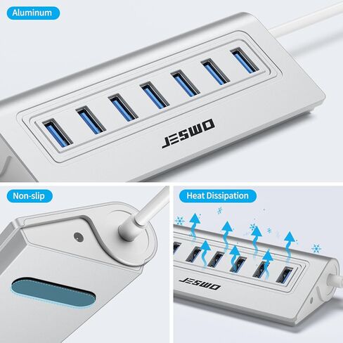 USB Hub 3.0, JESWO Aluminum 7 Port USB 3.0 Hub with 3.3Ft Cable, USB Splitter with 7-USB3.0 Data Ports Compatible with MacBook, Laptop,Surface Pro, PS5, PC and More (No Power Adapter Included) in Kuwait