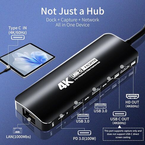 قاعدة التقاط Guermok 6 في 1 USB-C للتبديل 2 والبخار، مخرج HDMI 4K@60، بطاقة التقاط فيديو USBC 4K60 هرتز، شحن PD100W، إيثرنت، مركز ألعاب وبث الكل في واحد (أسود) in Kuwait