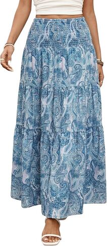 ZAFUL Women’s Summer Boho Maxi Skirts Bohemian Print Smocked High Wasited Flowy Tiered Ruffle Long Beach Skirt in Saudi Arabia