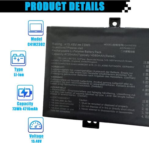 استبدال بطارية الكمبيوتر المحمول C41N2302 لجهاز Asus ProArt PX13 HN7306 ROG Zephyrus G14 GA403UI GA403UJ GA403UU GA403UV TUF Gaming A14 FA401WV-WB94 Series 0B200-04460000 0B20004460000 73Wh 4716 مللي أمبير 15.48 فولت in Kuwait