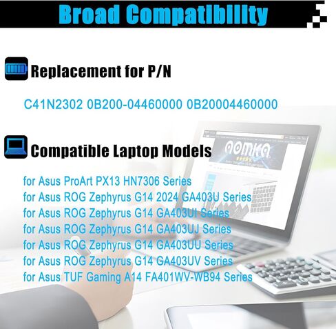 استبدال بطارية الكمبيوتر المحمول C41N2302 لجهاز Asus ProArt PX13 HN7306 ROG Zephyrus G14 GA403UI GA403UJ GA403UU GA403UV TUF Gaming A14 FA401WV-WB94 Series 0B200-04460000 0B20004460000 73Wh 4716 مللي أمبير 15.48 فولت in Kuwait