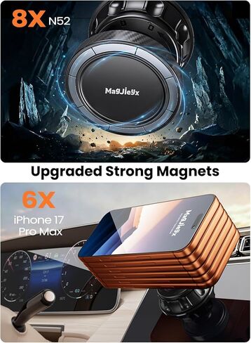 MAGJIEYX لحامل السيارة MagSafe، حامل هاتف مغناطيسي مفرغ لكأس الشفط وشاشة لوحة القيادة في السيارة لهاتف iPhone 17 16 15 14 13 Pro Max Mini Plus، حامل سهل القفل لـ Tesla، الصالة الرياضية، المرآة in Kuwait