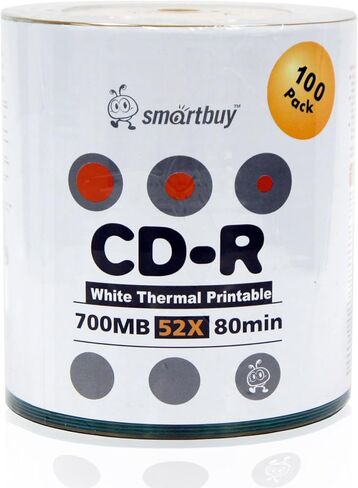 Smartbuy 100 قرص 700 ميجابايت/80 دقيقة 52x CD-R قرص حراري أبيض قابل للطباعة قابل للتسجيل + قماش من الألياف الدقيقة مجانًا in Kuwait