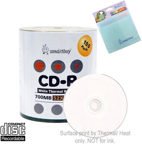 Smartbuy 100 قرص 700 ميجابايت/80 دقيقة 52x CD-R قرص حراري أبيض قابل للطباعة قابل للتسجيل + قماش من الألياف الدقيقة مجانًا in Kuwait