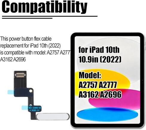 for iPad 2022 10.9-inch Power Button Flex Cable Replacement for ipad 10th Gen Power ON/Off Swtich Button Flex Cable Repair Part Fits Model: A2757 A2777 A3162 A2696 (White) in Kuwait