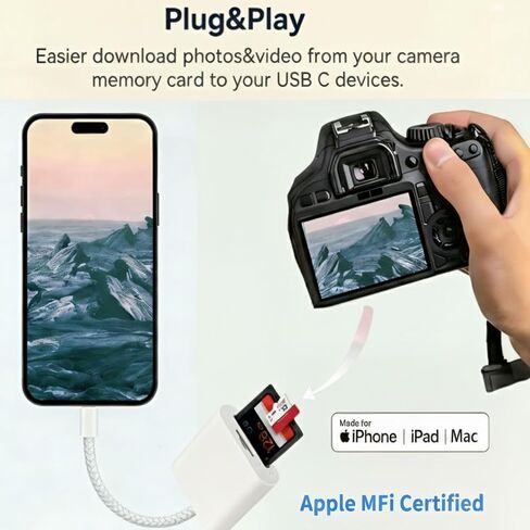 [معتمد من Apple MFi] قارئ بطاقة SD لهاتف iPhone 15 16 17، محول بطاقة مع فتحات ذاكرة USB Micro SD مزدوجة من النوع C لأجهزة iPad/MacBook/Mac، عارض كاميرا Trail يدعم توصيل بطاقة SD/TF وتشغيلها (وردي) in Kuwait