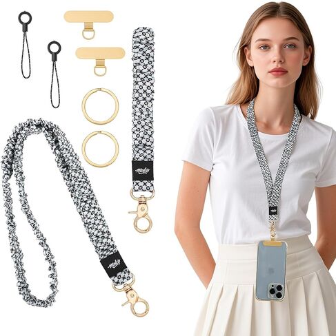 حبل هاتف Scrunchie قابل للتمدد من MoKo، حزام رقبة للمعلم وحزام معصم لسلسلة المفاتيح للهواتف، حامل الهوية، المفاتيح، رقعة معدنية للهاتف المحمول للنساء، أسود in Kuwait