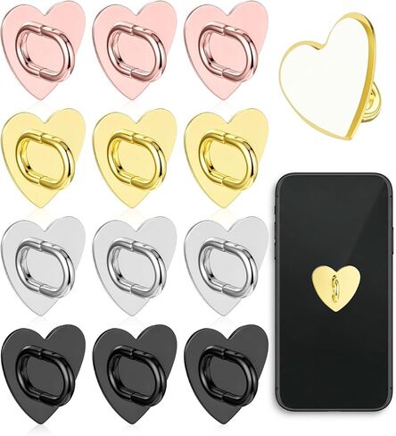 12 Pcs Heart Charm Hooks, Heart Phone Charm Adhesive Hook, Adhesive Finger Ring Stand for Cellphone Case Tablet (Silver, Black, Gold, Rose Gold, 0.98 x 0.51 in) in Kuwait