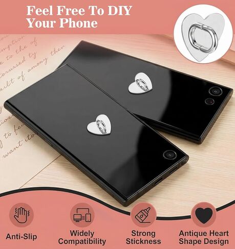 12 Pcs Heart Charm Hooks, Heart Phone Charm Adhesive Hook, Adhesive Finger Ring Stand for Cellphone Case Tablet (Silver, Black, Gold, Rose Gold, 0.98 x 0.51 in) in Kuwait