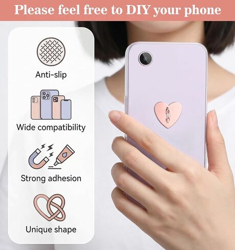 12 Pcs Heart Charm Hooks, Heart Phone Charm Adhesive Hook, Adhesive Finger Ring Stand for Cellphone Case Tablet (Silver, Black, Gold, Rose Gold, 0.98 x 0.51 in) in Kuwait