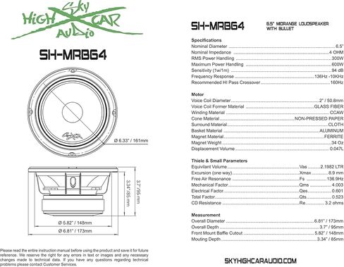 Sky High Car Audio SHCA MRB64 مكبر صوت متوسط ​​المدى مقاس 6.5 بوصة مع رصاصة 600 وات 4ohm (مفرد) in Kuwait