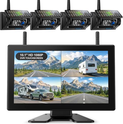 Fookoo 10.1 بوصة كاميرا احتياطية لاسلكية مغناطيسية تعمل بالطاقة الشمسية HD 1080P DVR تعمل باللمس شاشة محمولة 1 دقيقة DIY تثبيت بدون حفر بطارية قابلة للشحن رؤية ليلية لمقطورة RV Camper - DTC1004 in Kuwait
