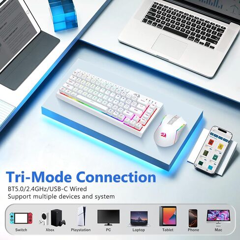 Redragon Wireless Gaming Keyboard and Mouse Combo, Bluetooth/2.4G/USB-C Wired, RGB Backlit, 60% Portable Quiet Rechargeable Macro Membrane Keyboard & 12800 DPI Mouse for Win/MAC, White in Kuwait