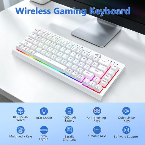 Redragon Wireless Gaming Keyboard and Mouse Combo, Bluetooth/2.4G/USB-C Wired, RGB Backlit, 60% Portable Quiet Rechargeable Macro Membrane Keyboard & 12800 DPI Mouse for Win/MAC, White in Kuwait