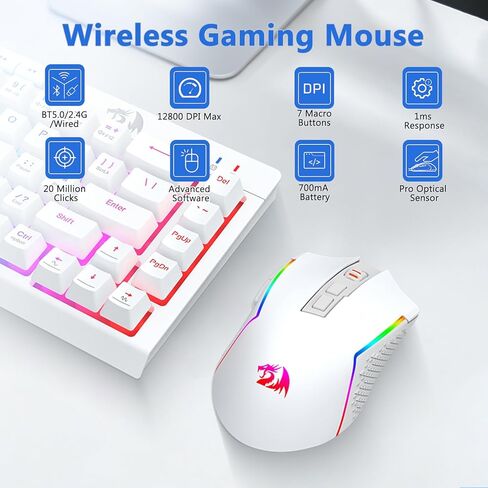 Redragon Wireless Gaming Keyboard and Mouse Combo, Bluetooth/2.4G/USB-C Wired, RGB Backlit, 60% Portable Quiet Rechargeable Macro Membrane Keyboard & 12800 DPI Mouse for Win/MAC, White in Kuwait