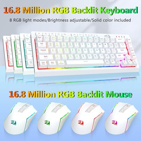 Redragon Wireless Gaming Keyboard and Mouse Combo, Bluetooth/2.4G/USB-C Wired, RGB Backlit, 60% Portable Quiet Rechargeable Macro Membrane Keyboard & 12800 DPI Mouse for Win/MAC, White in Kuwait